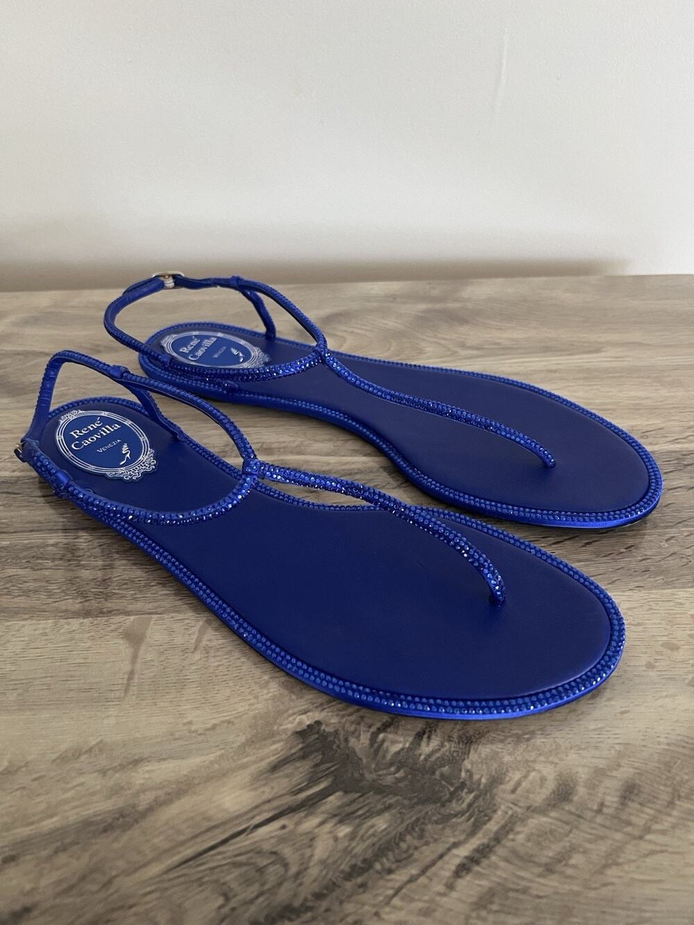 Rene Caovilla Royal Blue Crystal Diana Flat Thong Sandals Size 41